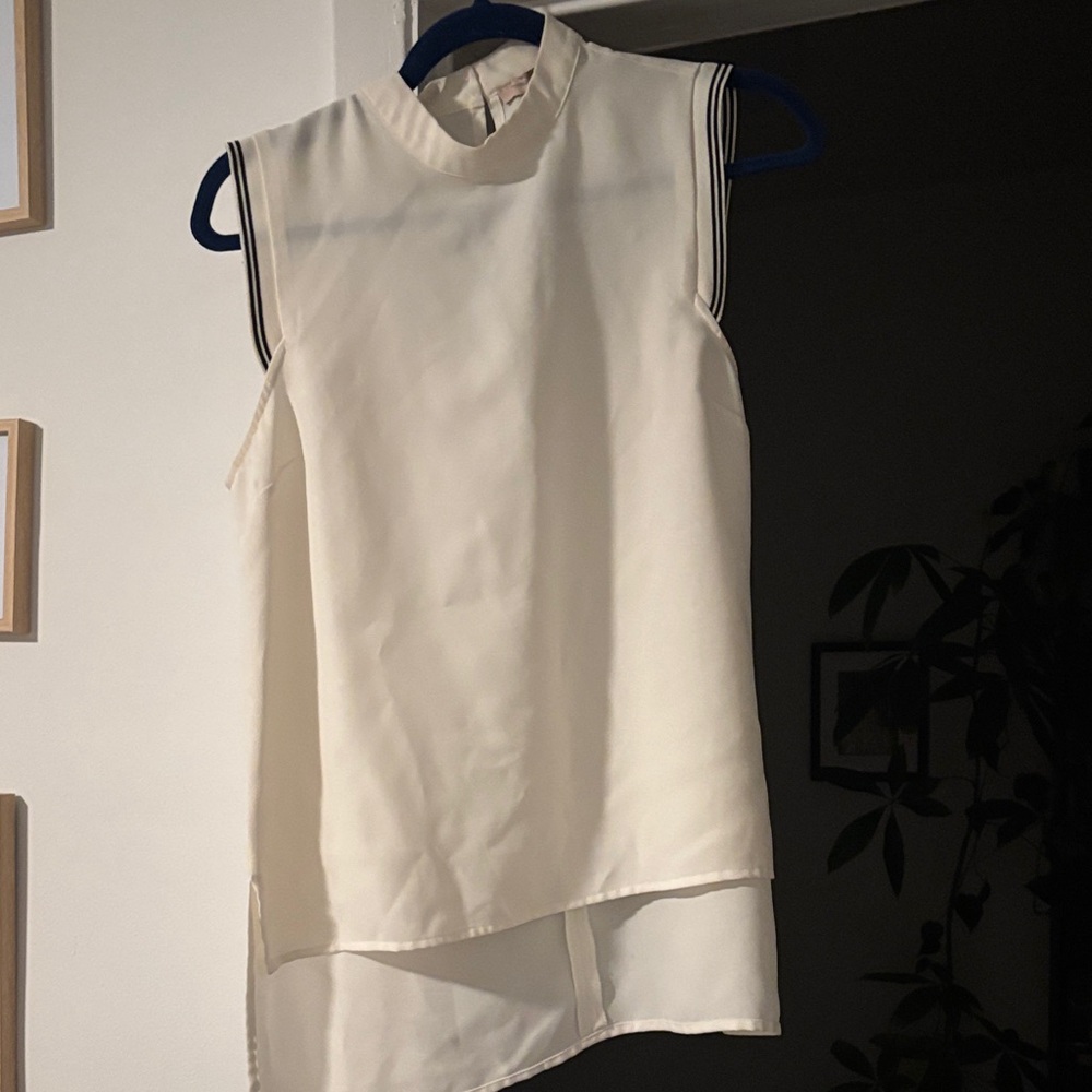Forever 21 Cream Sleeveless High-Neck Blouse with Contrast Stripe